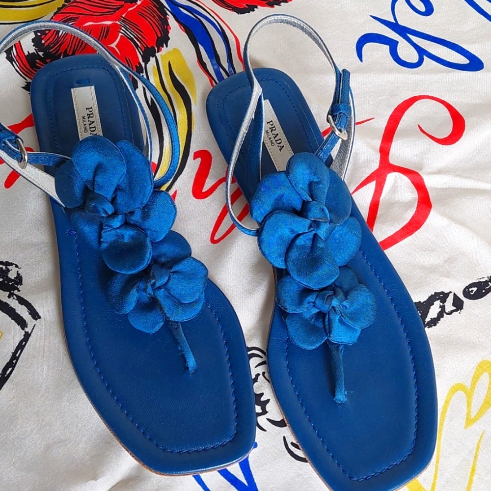 NWOT Prada silk and leather sandals, blue 6.5 M
